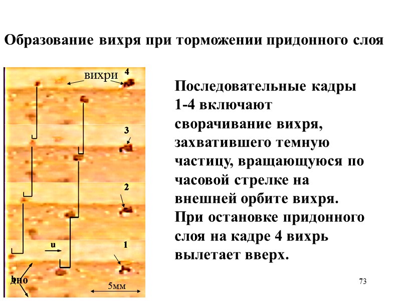 73 Образование вихря при торможении придонного слоя Последовательные кадры 1-4 включают сворачивание вихря, захватившего